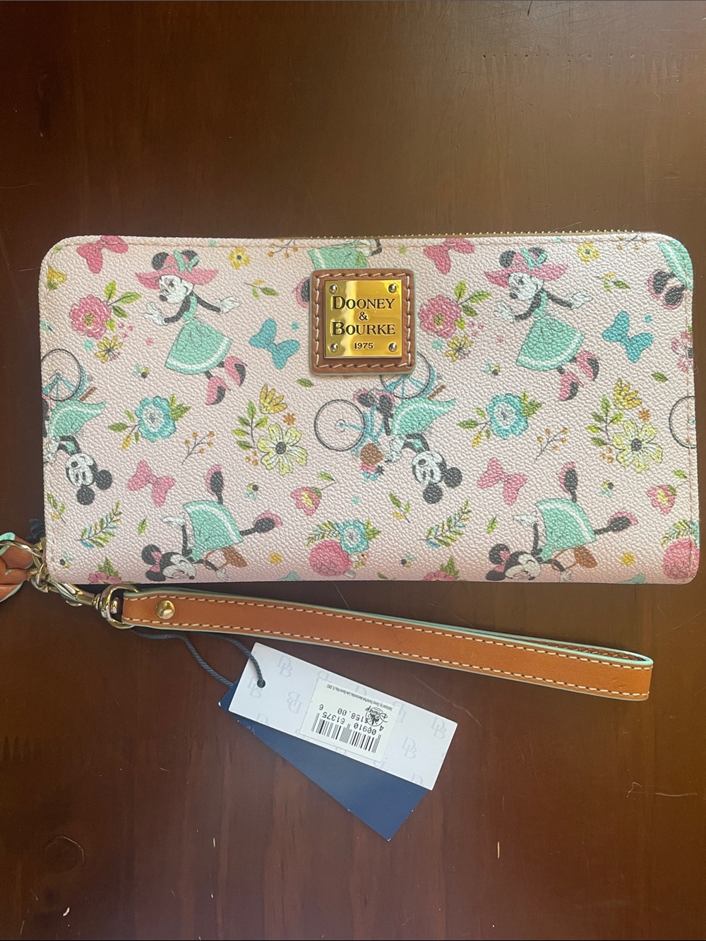 Dooney & Bourke Pink Minnie Mouse Floral Zip Wristlet with Tan Strap
